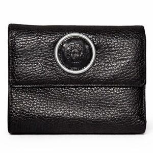 Vintage Gianni Versace Medusa Black Pebbled Leather Trifold Billfold Wallet